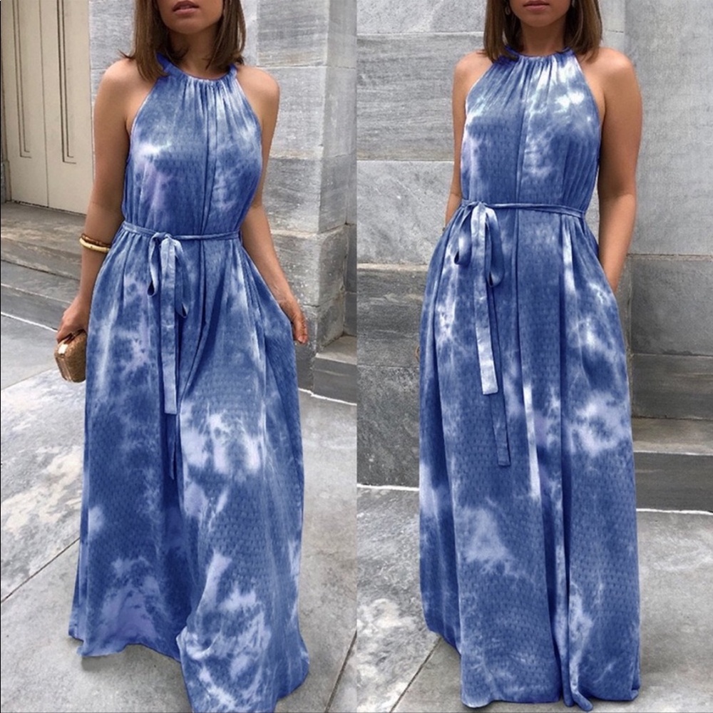 Cocoimo Tie Dye Maxi Dress fixed shoulder straps and tie belt at waist Green - Picture 4 of 16